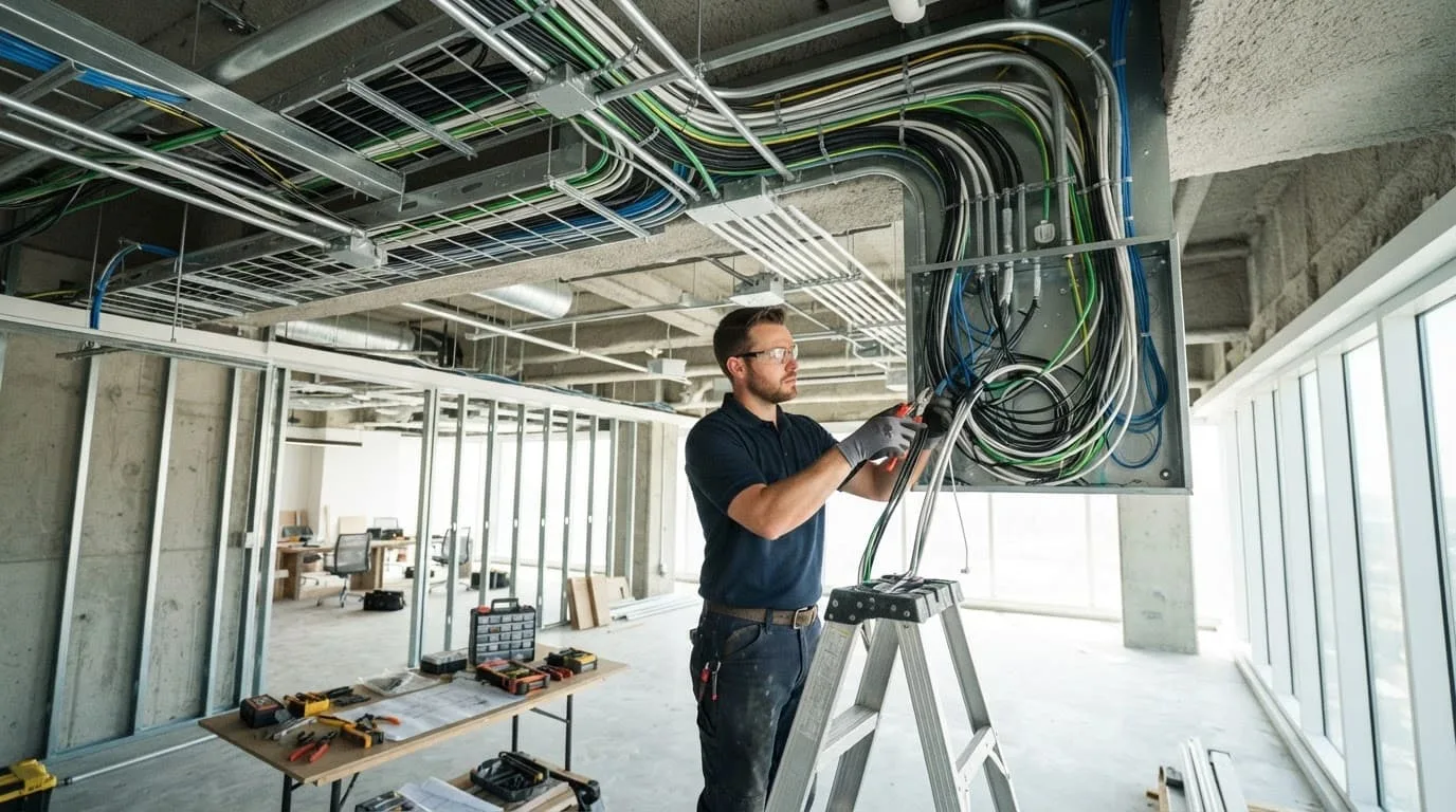 辦公室水電工程費用怎麼抓?從報價、流程到驗收一次看懂 技術人員在施工中的辦公室內整理水電管線與電線。