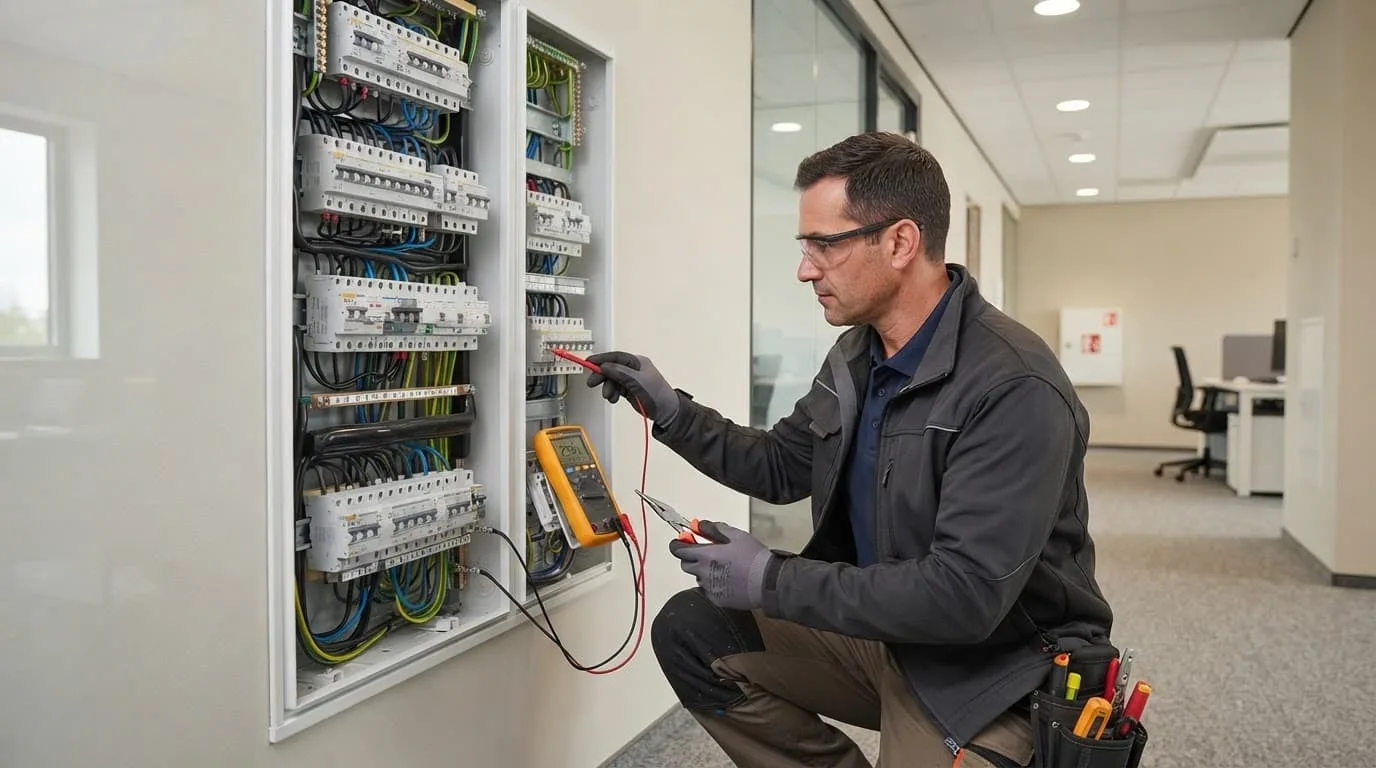 辦公室水電維修常見問題:跳電、漏水與預防處理 電工在現代辦公室檢查電氣面板,旁邊放著測試工具。