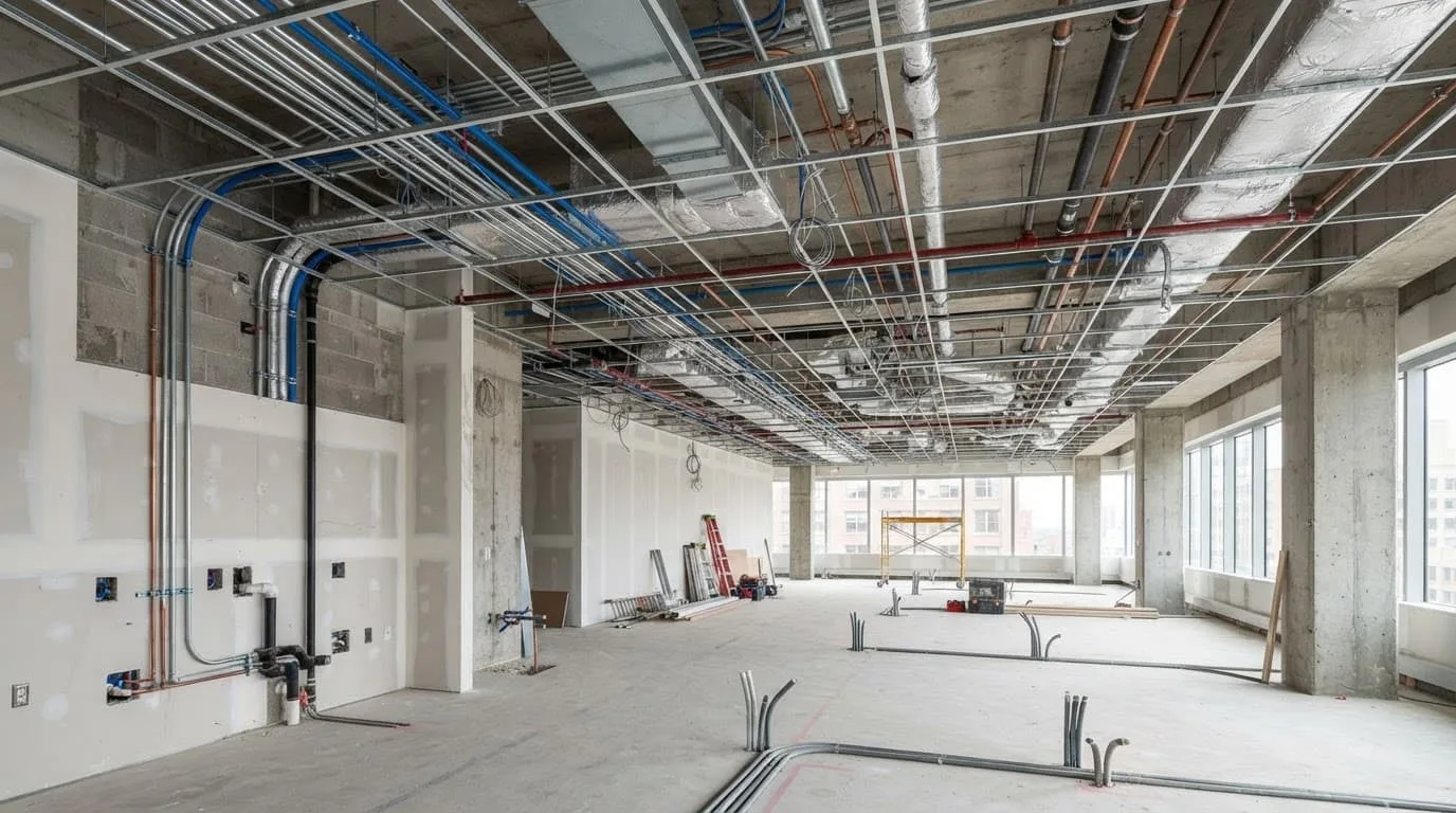 裝修中的辦公室天花板可見裸露導管與牆面管線。
