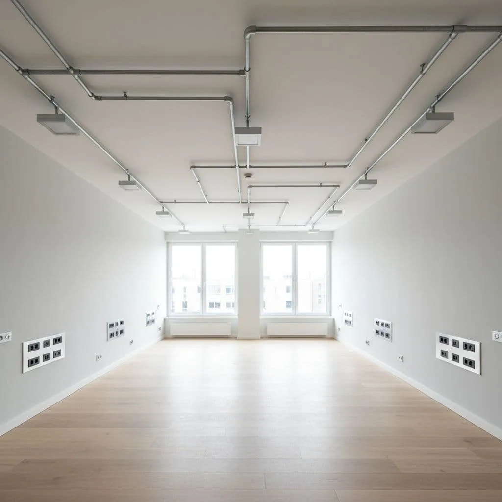 辦公室租屋水電檢查:簽約前別漏的 15 項重點 A minimalist office interior highlights exposed ceiling conduits and neatly installed wall electrical outlets.