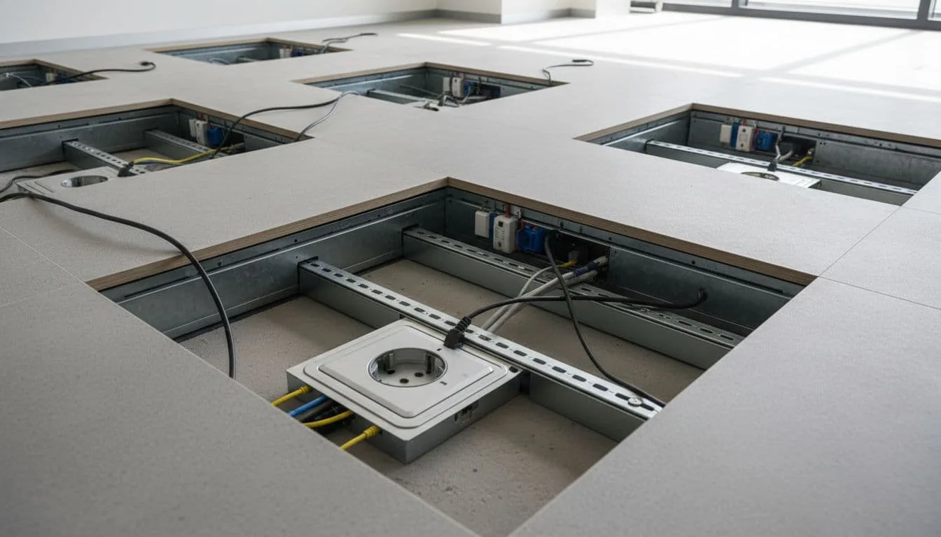 Opened section of modern office floor reveals OA power sockets, wiring, and internal modules.
