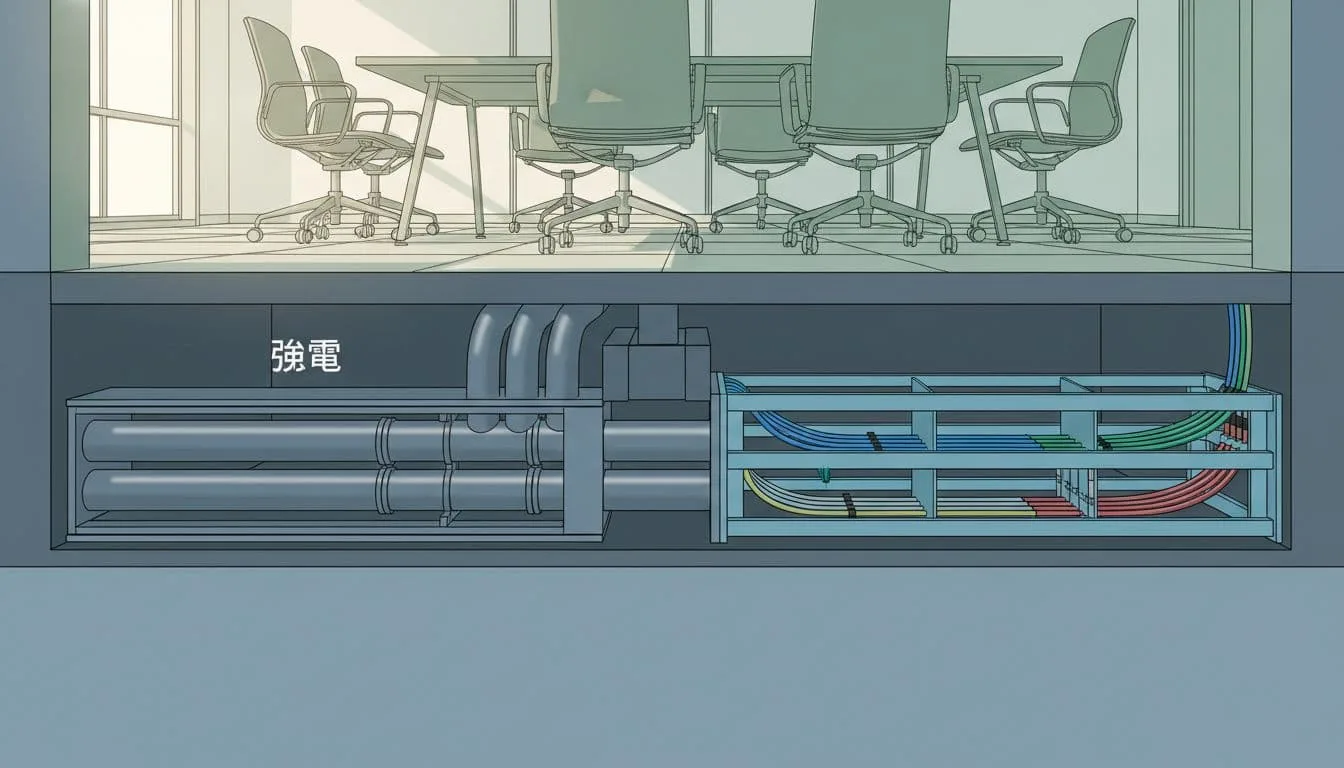 Cutaway of office meeting room OA floor showing strong and weak electricity cables in separate slots.