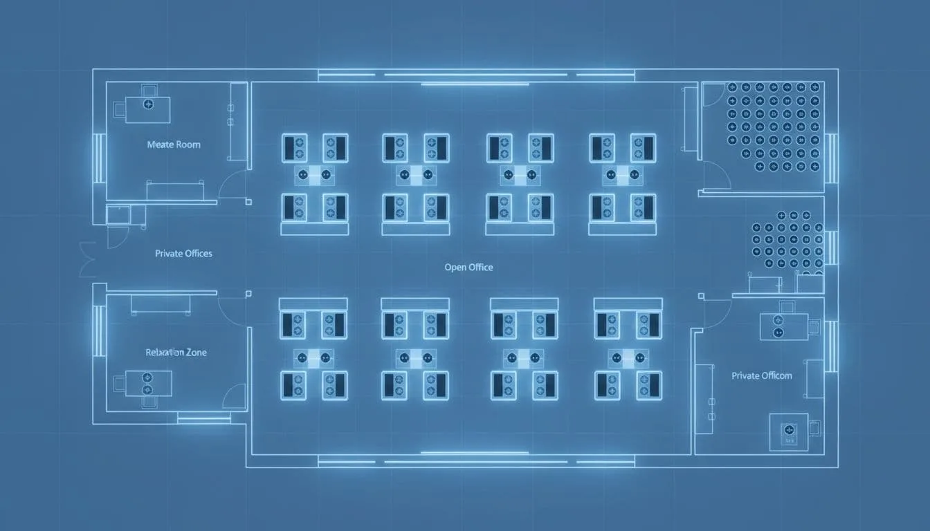 Diagram illustrates floor socket densities across office zones, with one to two outlets per workstation separating power and data.