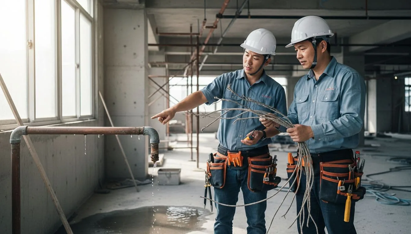 Two helmeted workers inspect exposed leaking water pipes and deteriorated electrical wires in a bright office construction site.