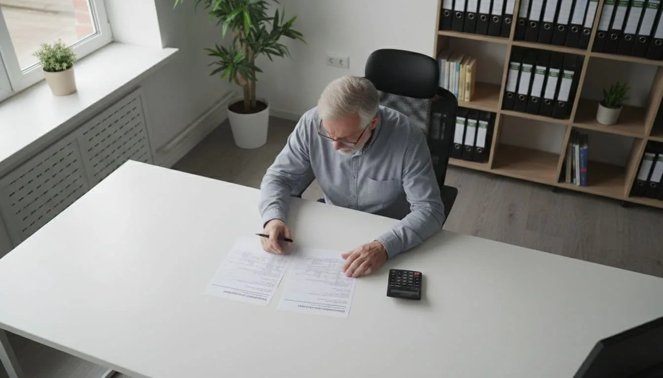 Overhead view shows a professional at desk comparing two detailed plumbing-electrical quotes, calculator and pen nearby.