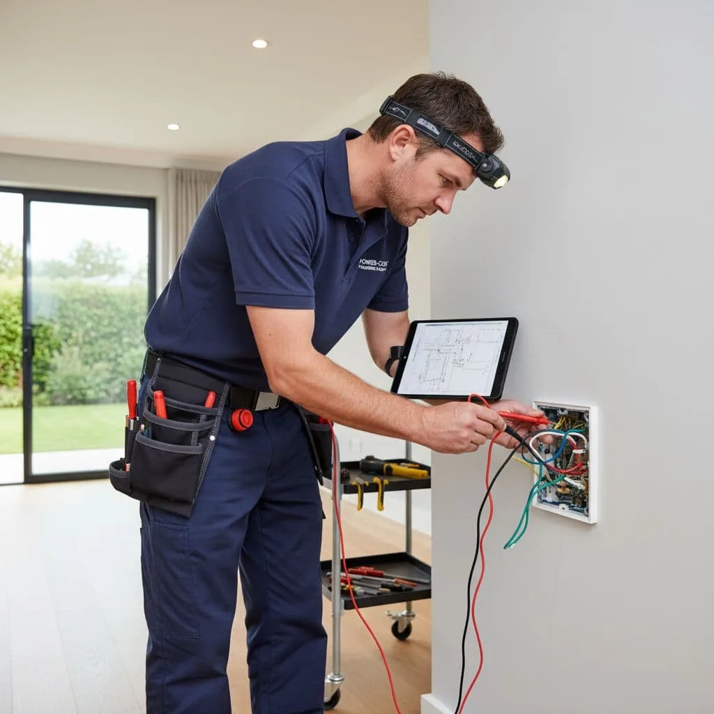 A technician carefully inspects electrical wiring and sockets inside a modern room.